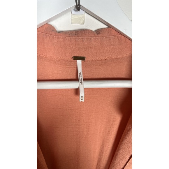Free People Medium Monika Shirt Dress Smocked Waist Deep V-Neck Autumn Peach EUC - Picture 9 of 14